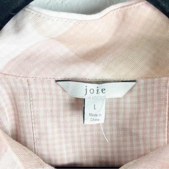 Joie Dia Plaid Balloon Sleeve Split Neck Cotton Blouse Cream Pink Large - Picture 7 of 7